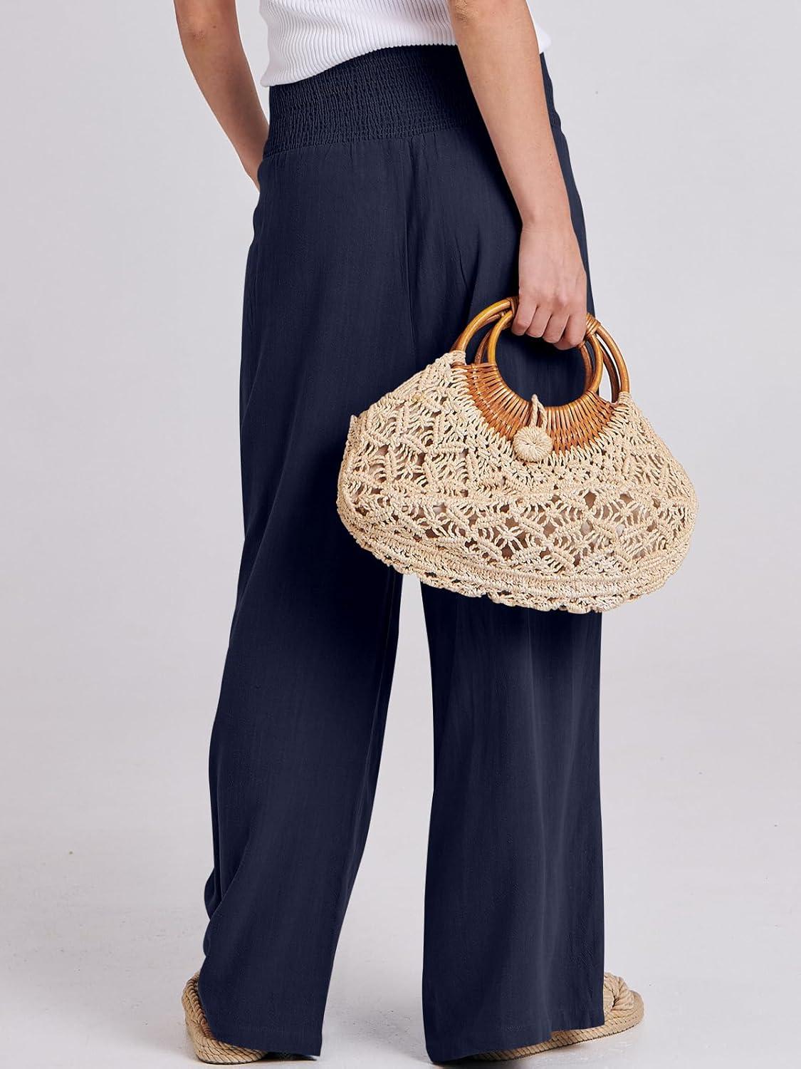 imageANRABESS Women Linen Palazzo Pants Summer Boho Wide Leg High Waist Casual Lounge Pant 2025 Beach Travel Vacation OutfitsNavy Blue