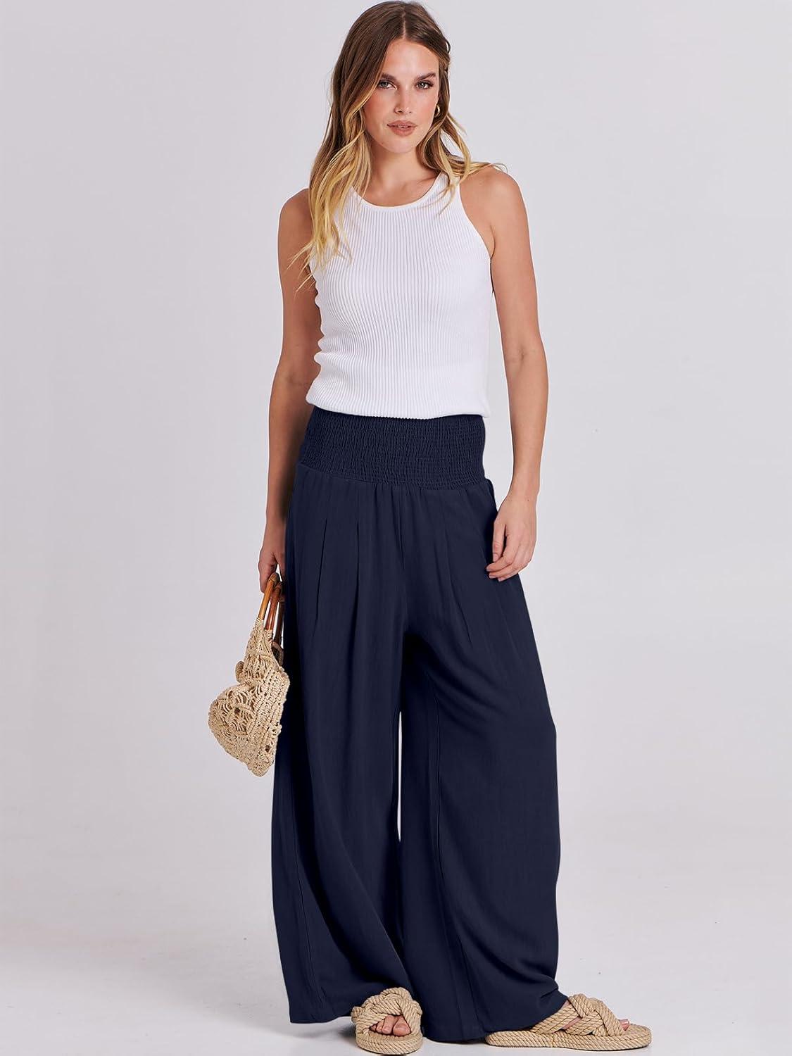 imageANRABESS Women Linen Palazzo Pants Summer Boho Wide Leg High Waist Casual Lounge Pant 2025 Beach Travel Vacation OutfitsNavy Blue