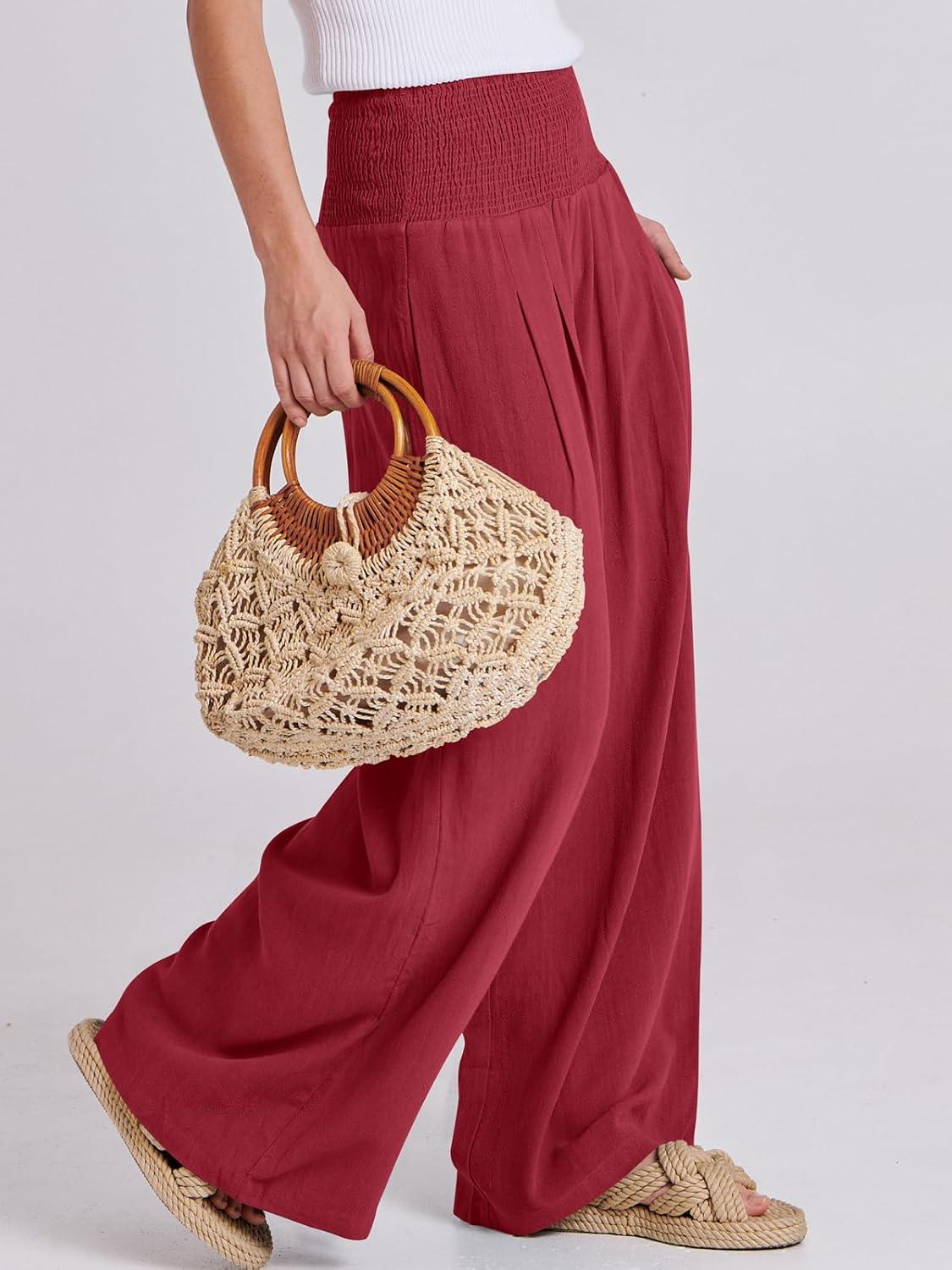 imageANRABESS Women Linen Palazzo Pants Summer Boho Wide Leg High Waist Casual Lounge Pant 2025 Beach Travel Vacation OutfitsRed