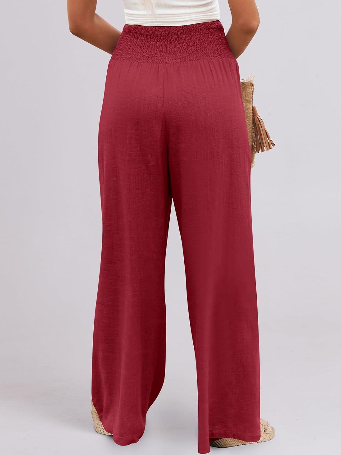 imageANRABESS Women Linen Palazzo Pants Summer Boho Wide Leg High Waist Casual Lounge Pant 2025 Beach Travel Vacation OutfitsRed