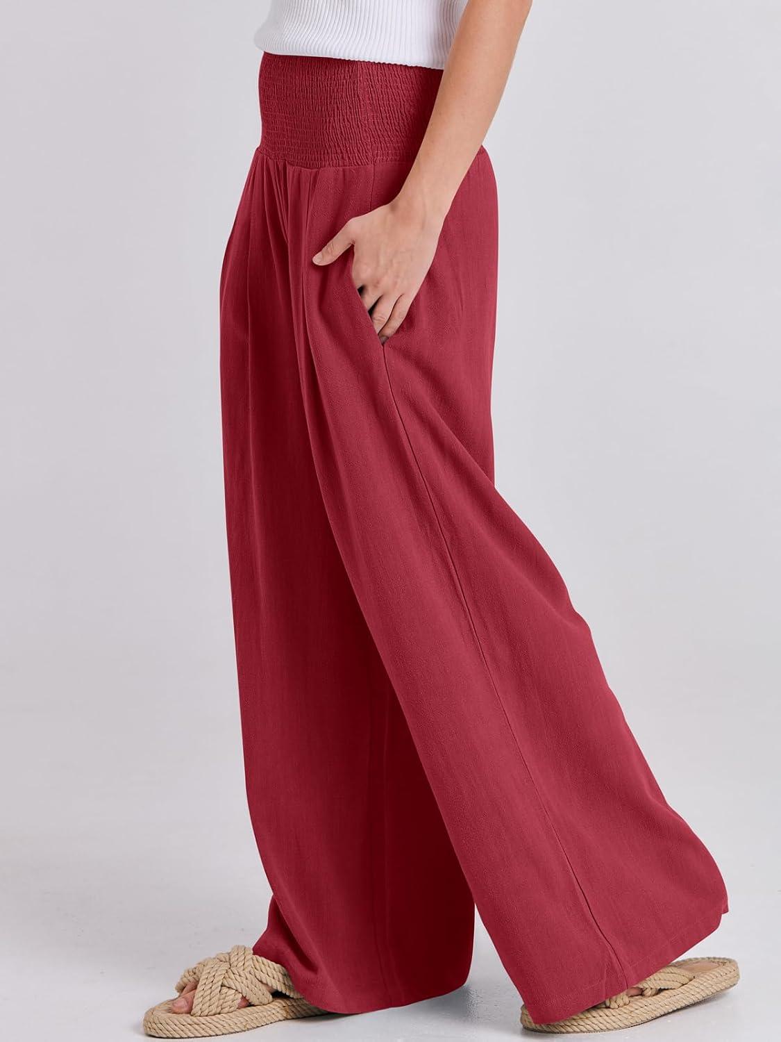 imageANRABESS Women Linen Palazzo Pants Summer Boho Wide Leg High Waist Casual Lounge Pant 2025 Beach Travel Vacation OutfitsRed
