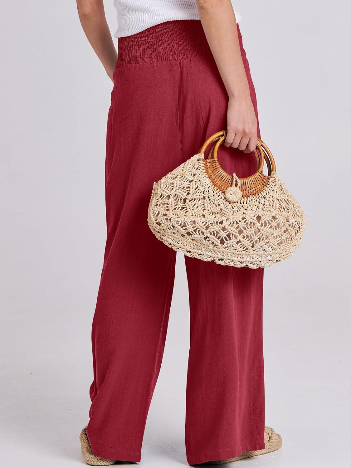 imageANRABESS Women Linen Palazzo Pants Summer Boho Wide Leg High Waist Casual Lounge Pant 2025 Beach Travel Vacation OutfitsRed