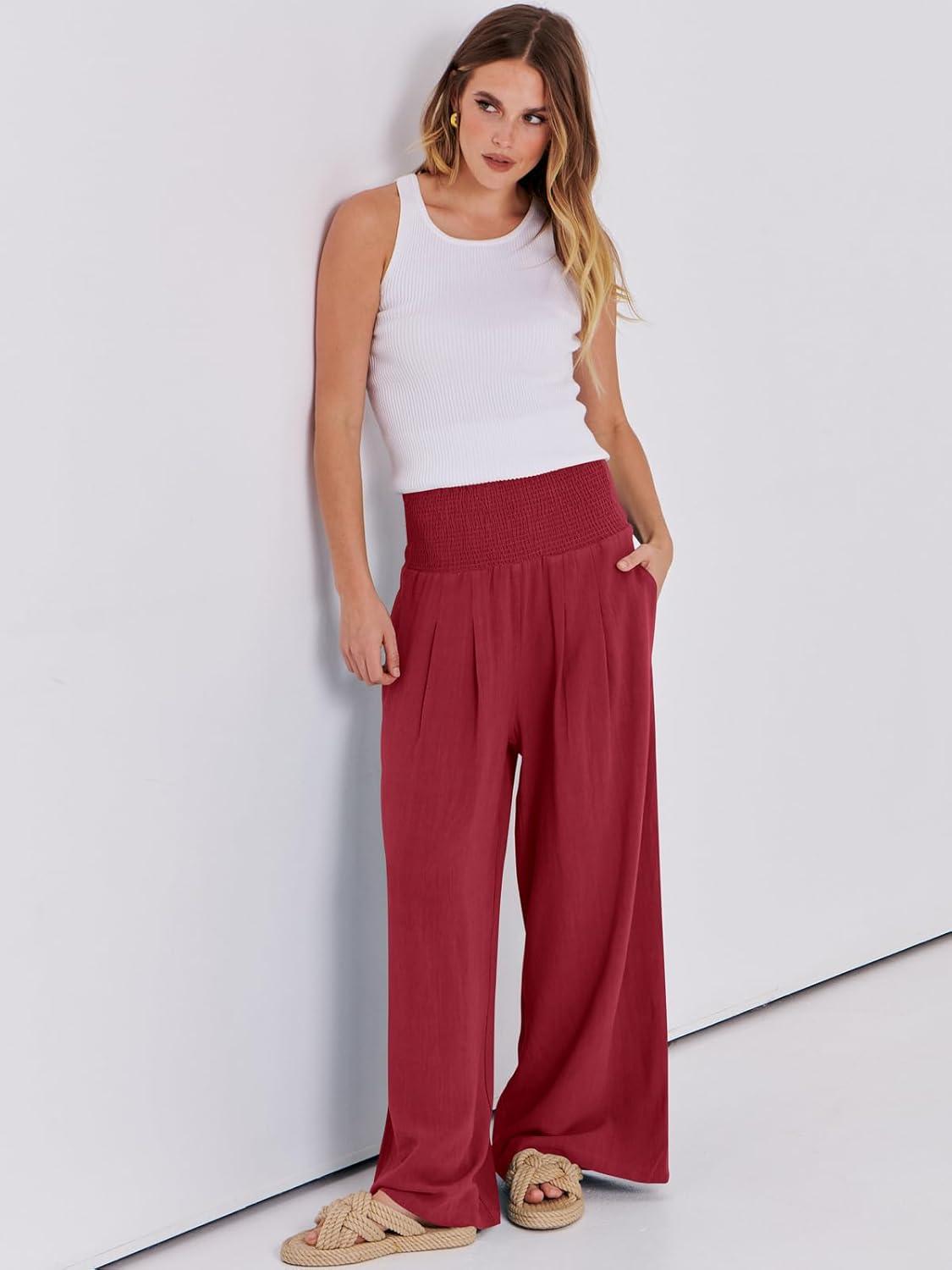 imageANRABESS Women Linen Palazzo Pants Summer Boho Wide Leg High Waist Casual Lounge Pant 2025 Beach Travel Vacation OutfitsRed
