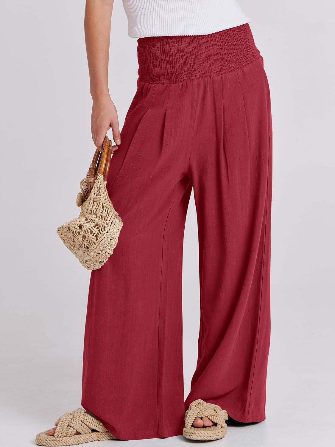 imageANRABESS Women Linen Palazzo Pants Summer Boho Wide Leg High Waist Casual Lounge Pant 2025 Beach Travel Vacation OutfitsRed