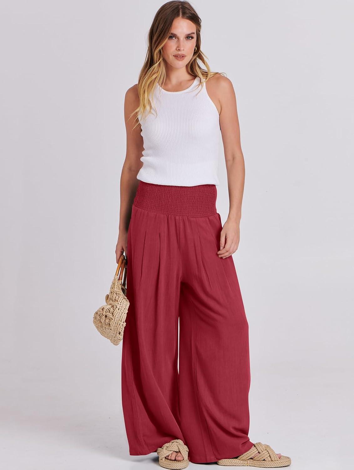 imageANRABESS Women Linen Palazzo Pants Summer Boho Wide Leg High Waist Casual Lounge Pant 2025 Beach Travel Vacation OutfitsRed