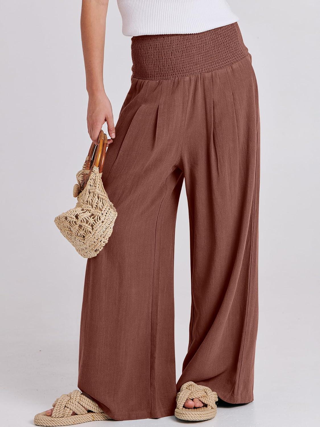 imageANRABESS Women Linen Palazzo Pants Summer Boho Wide Leg High Waist Casual Lounge Pant 2025 Beach Travel Vacation OutfitsRed Brown