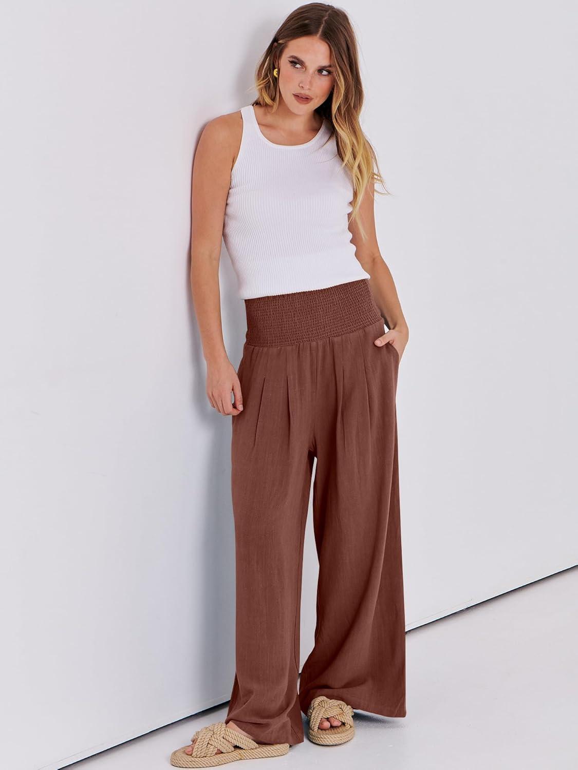 imageANRABESS Women Linen Palazzo Pants Summer Boho Wide Leg High Waist Casual Lounge Pant 2025 Beach Travel Vacation OutfitsRed Brown