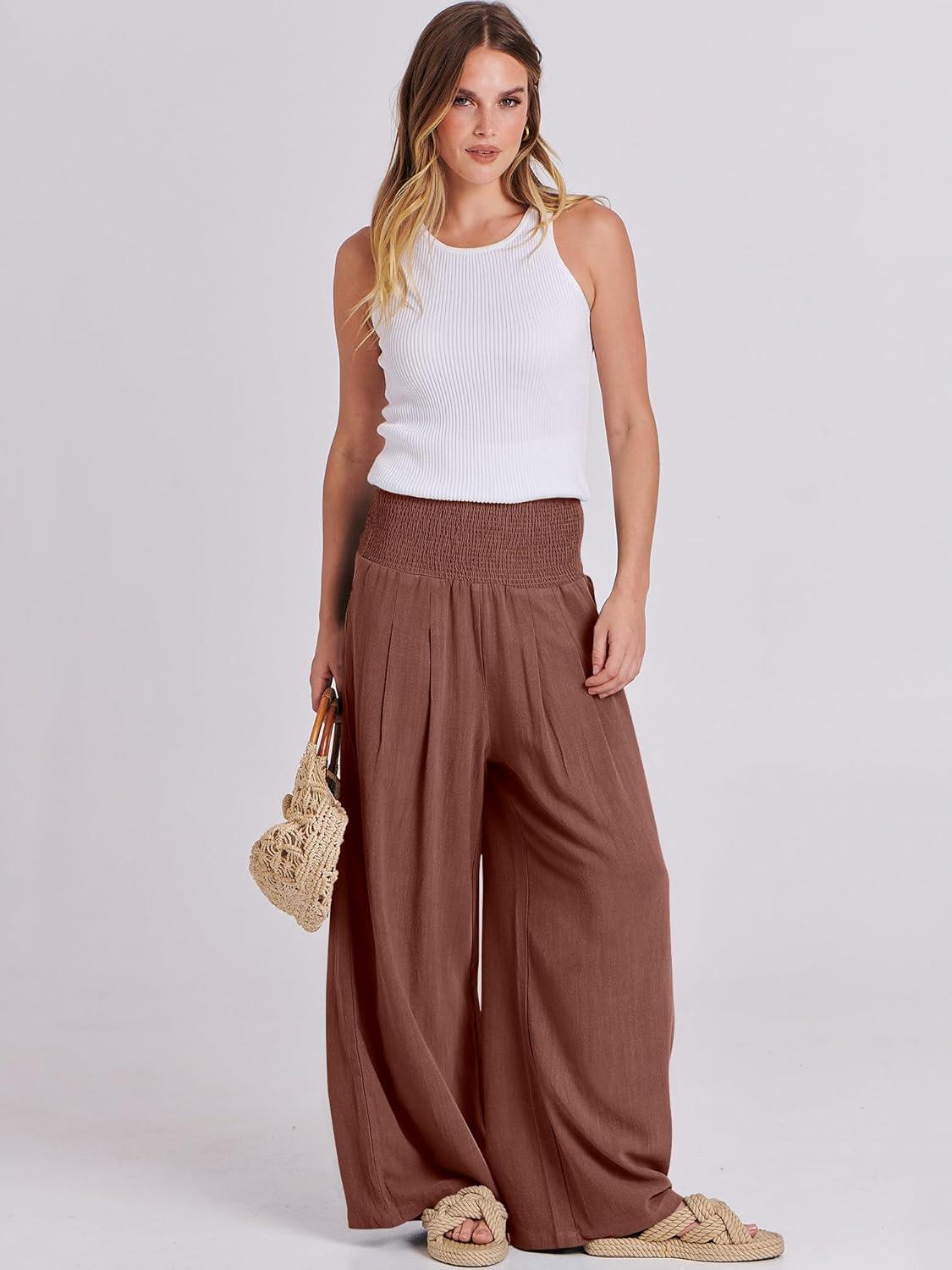 imageANRABESS Women Linen Palazzo Pants Summer Boho Wide Leg High Waist Casual Lounge Pant 2025 Beach Travel Vacation OutfitsRed Brown