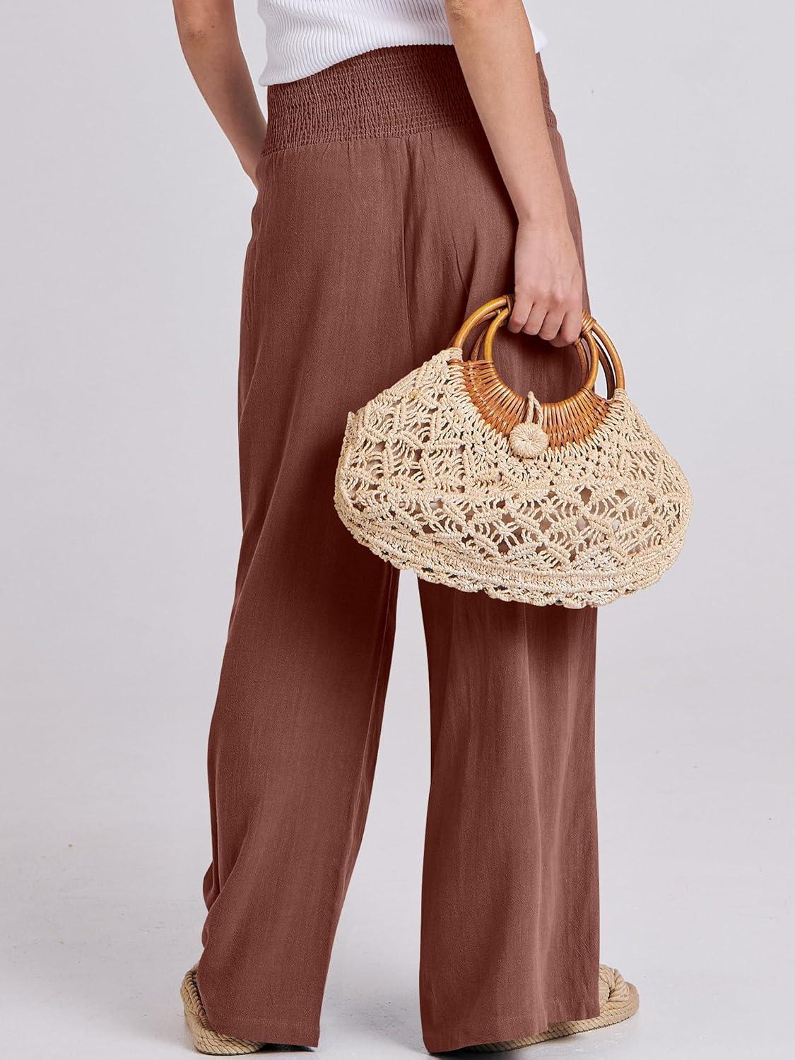 imageANRABESS Women Linen Palazzo Pants Summer Boho Wide Leg High Waist Casual Lounge Pant 2025 Beach Travel Vacation OutfitsRed Brown