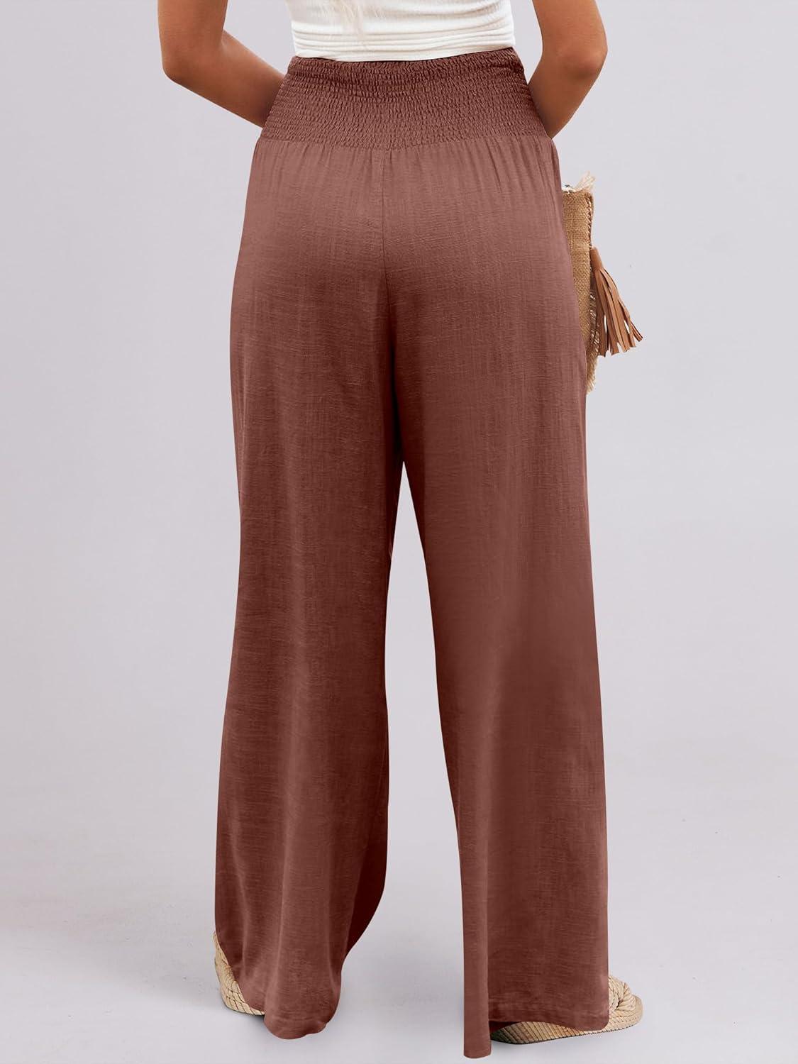 imageANRABESS Women Linen Palazzo Pants Summer Boho Wide Leg High Waist Casual Lounge Pant 2025 Beach Travel Vacation OutfitsRed Brown