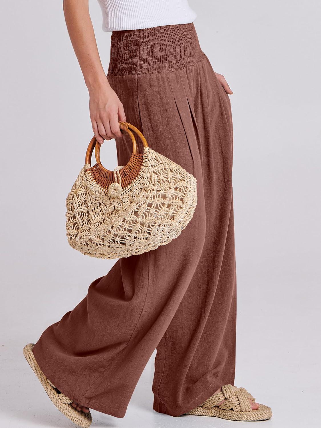 imageANRABESS Women Linen Palazzo Pants Summer Boho Wide Leg High Waist Casual Lounge Pant 2025 Beach Travel Vacation OutfitsRed Brown