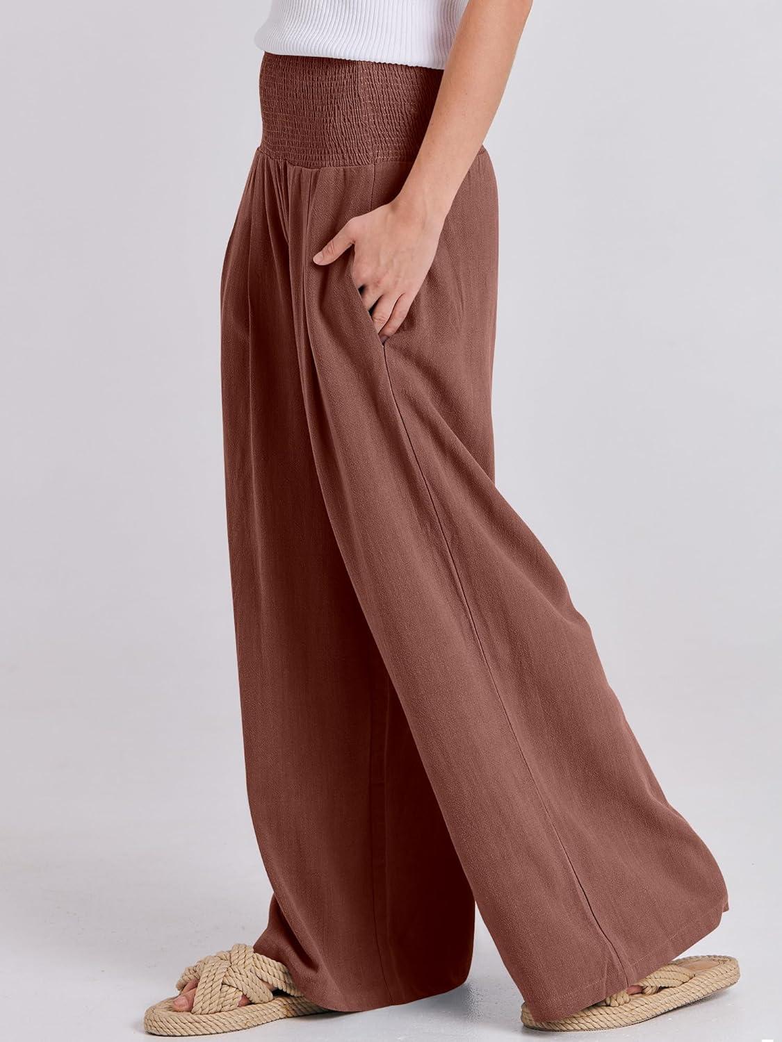 imageANRABESS Women Linen Palazzo Pants Summer Boho Wide Leg High Waist Casual Lounge Pant 2025 Beach Travel Vacation OutfitsRed Brown