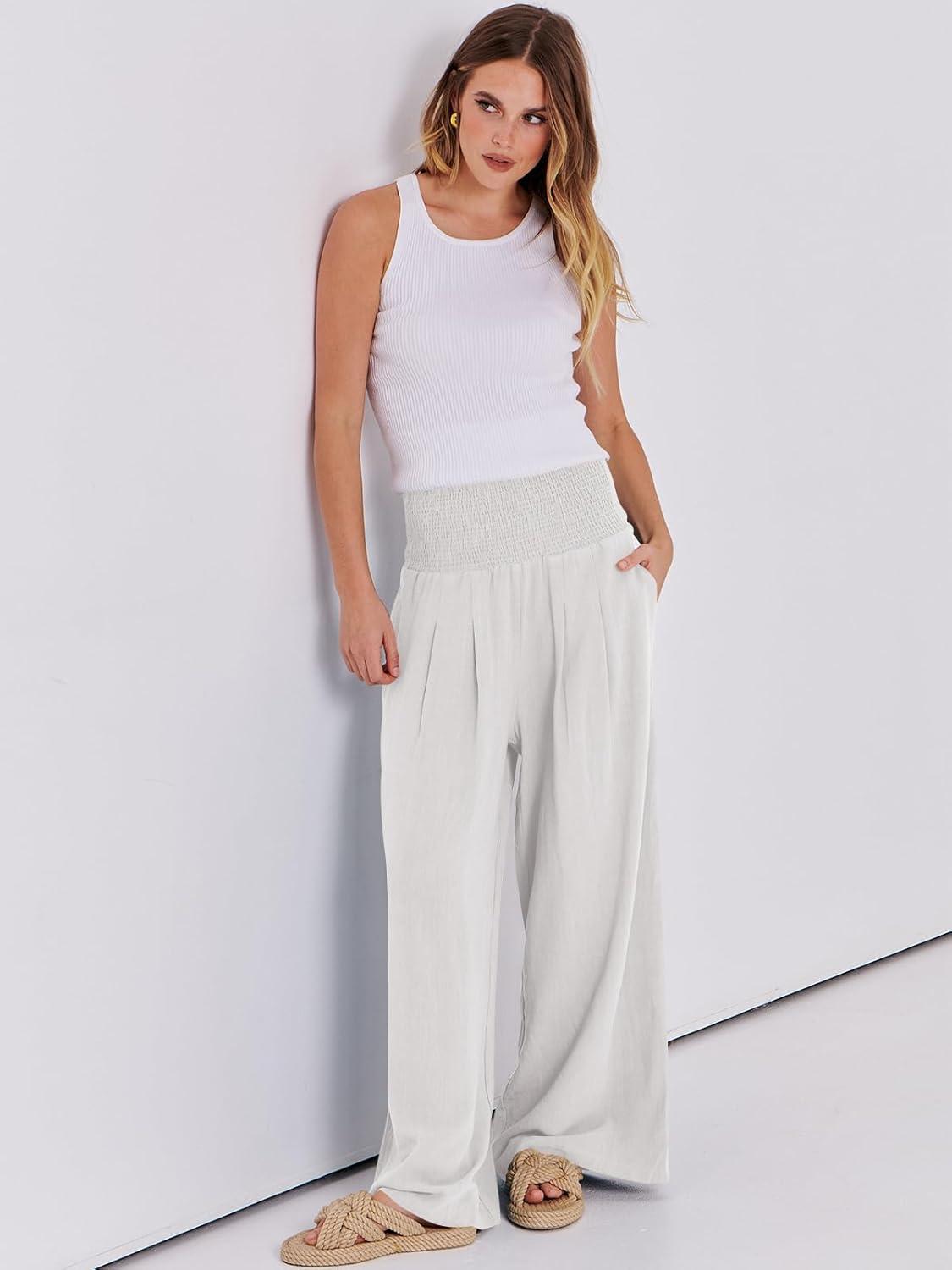 imageANRABESS Women Linen Palazzo Pants Summer Boho Wide Leg High Waist Casual Lounge Pant 2025 Beach Travel Vacation OutfitsWhite