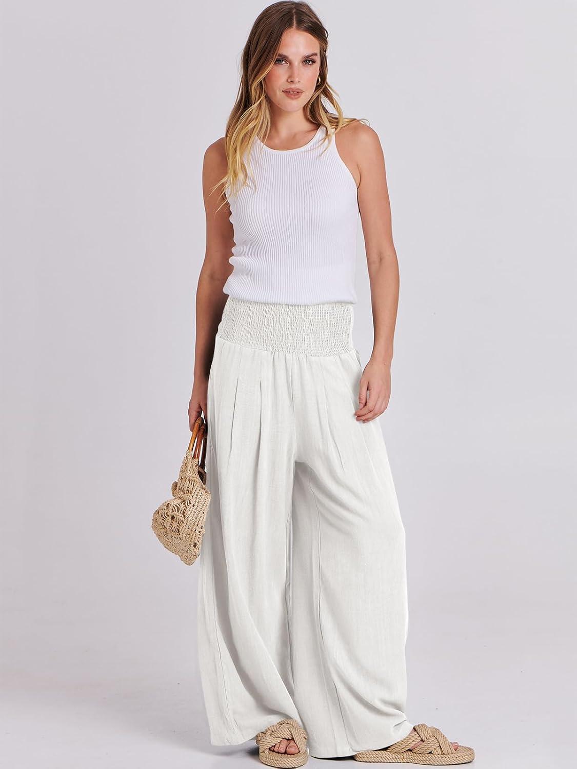 imageANRABESS Women Linen Palazzo Pants Summer Boho Wide Leg High Waist Casual Lounge Pant 2025 Beach Travel Vacation OutfitsWhite
