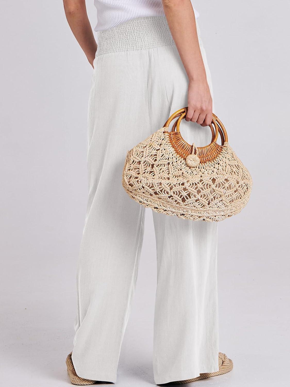 imageANRABESS Women Linen Palazzo Pants Summer Boho Wide Leg High Waist Casual Lounge Pant 2025 Beach Travel Vacation OutfitsWhite