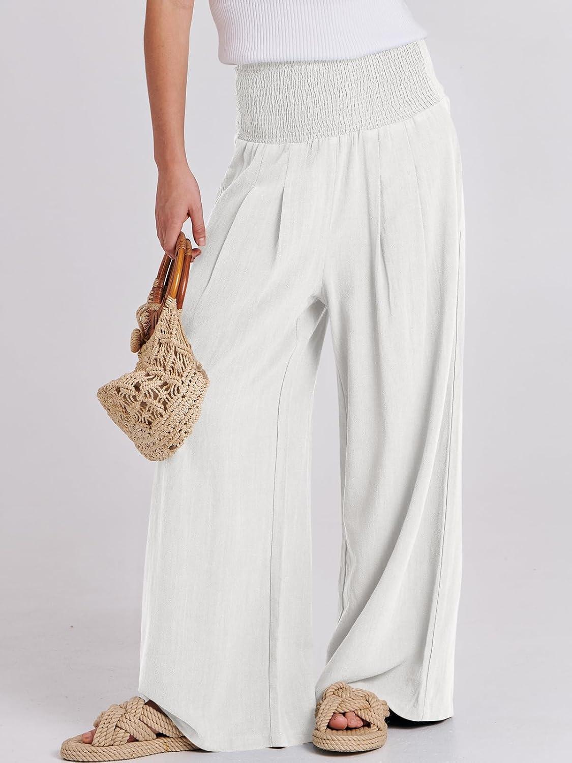 imageANRABESS Women Linen Palazzo Pants Summer Boho Wide Leg High Waist Casual Lounge Pant 2025 Beach Travel Vacation OutfitsWhite