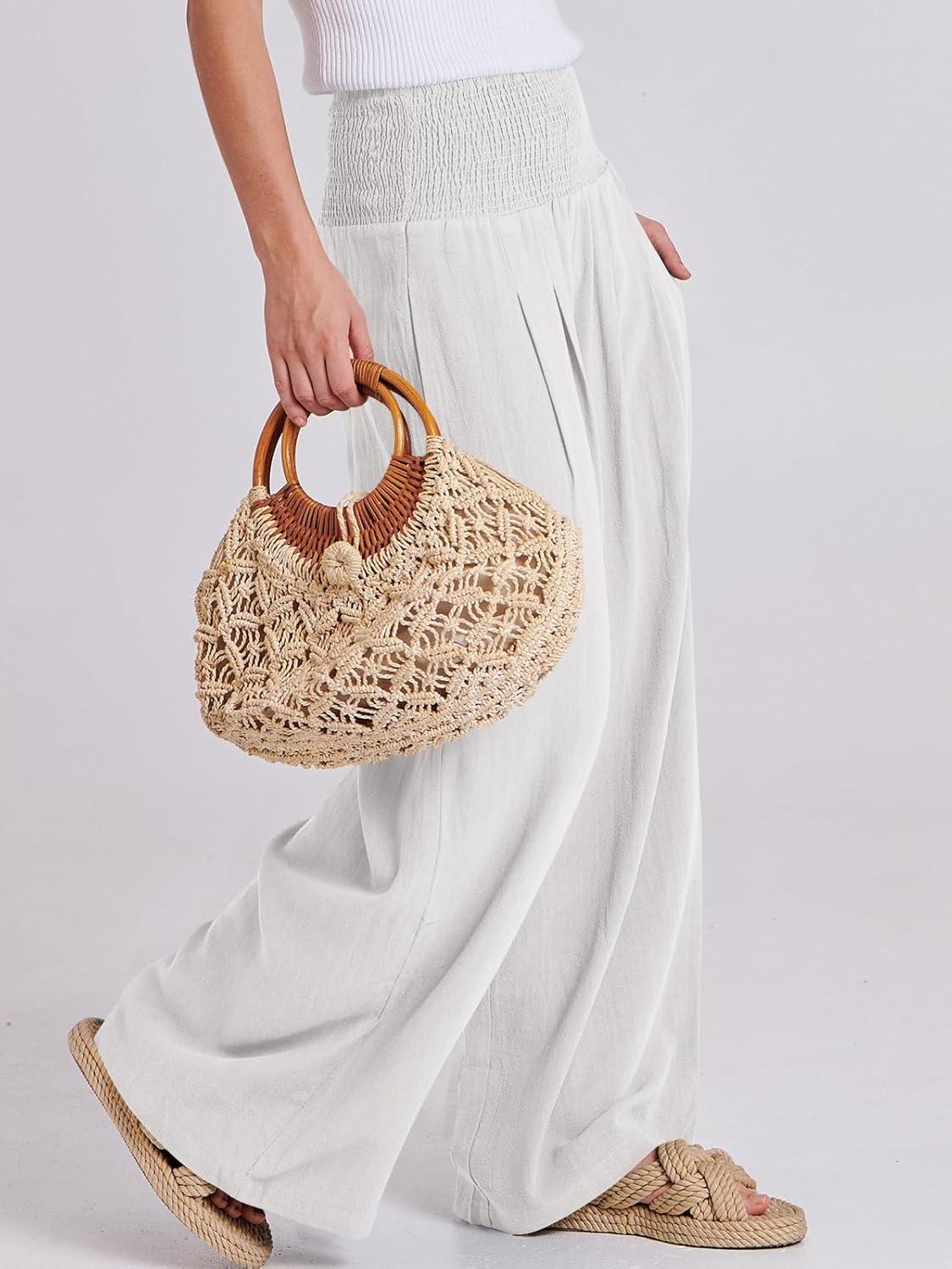 imageANRABESS Women Linen Palazzo Pants Summer Boho Wide Leg High Waist Casual Lounge Pant 2025 Beach Travel Vacation OutfitsWhite