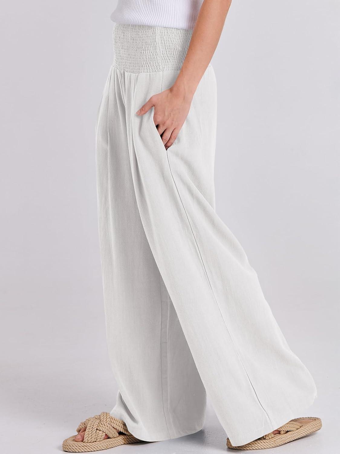 imageANRABESS Women Linen Palazzo Pants Summer Boho Wide Leg High Waist Casual Lounge Pant 2025 Beach Travel Vacation OutfitsWhite