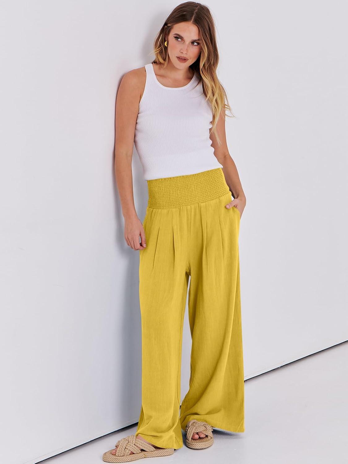 imageANRABESS Women Linen Palazzo Pants Summer Boho Wide Leg High Waist Casual Lounge Pant 2025 Beach Travel Vacation OutfitsYellow
