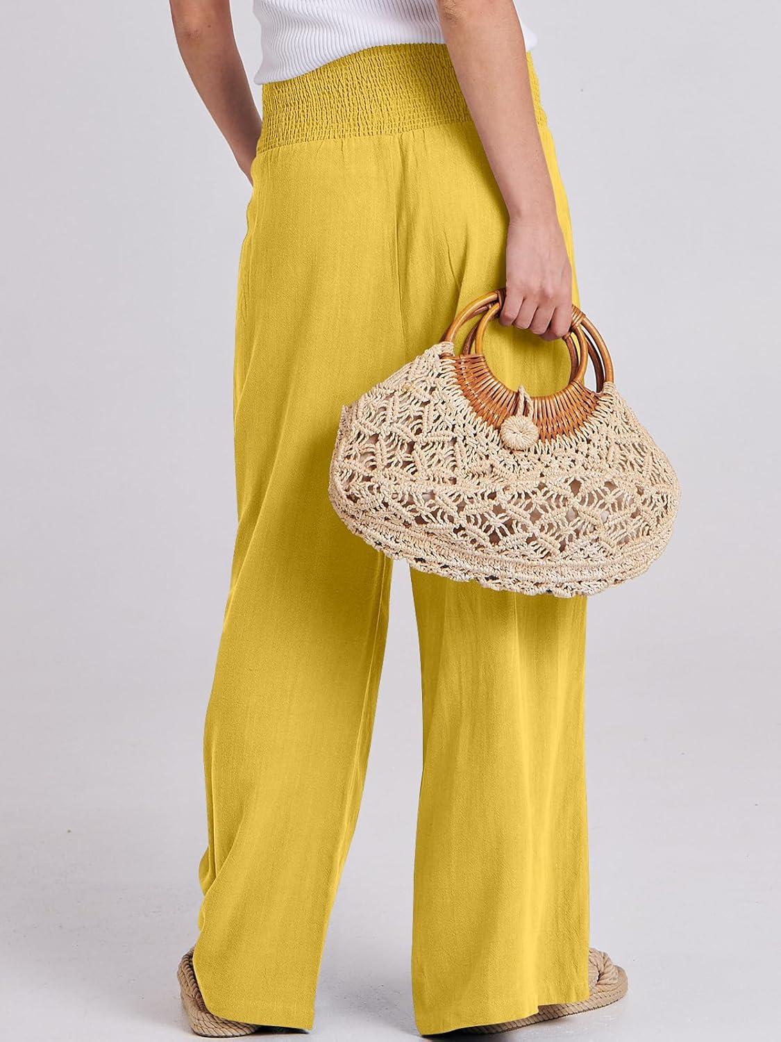 imageANRABESS Women Linen Palazzo Pants Summer Boho Wide Leg High Waist Casual Lounge Pant 2025 Beach Travel Vacation OutfitsYellow