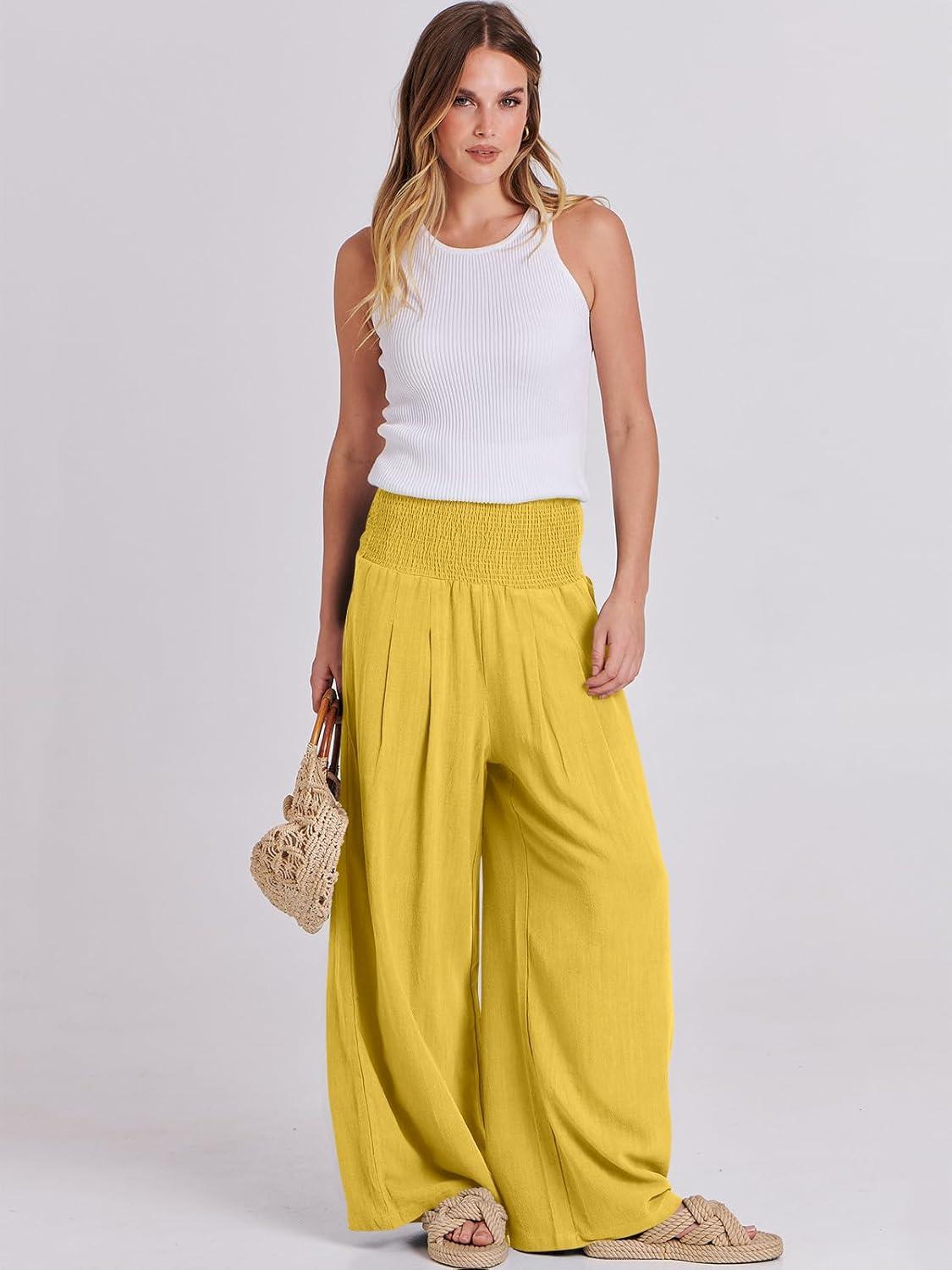 imageANRABESS Women Linen Palazzo Pants Summer Boho Wide Leg High Waist Casual Lounge Pant 2025 Beach Travel Vacation OutfitsYellow