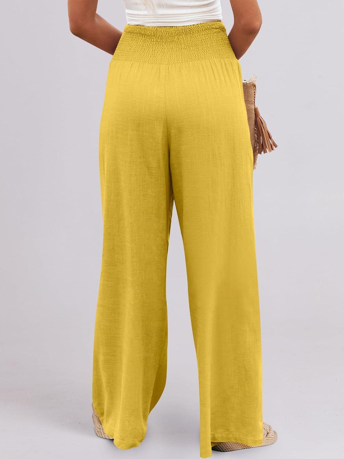 imageANRABESS Women Linen Palazzo Pants Summer Boho Wide Leg High Waist Casual Lounge Pant 2025 Beach Travel Vacation OutfitsYellow