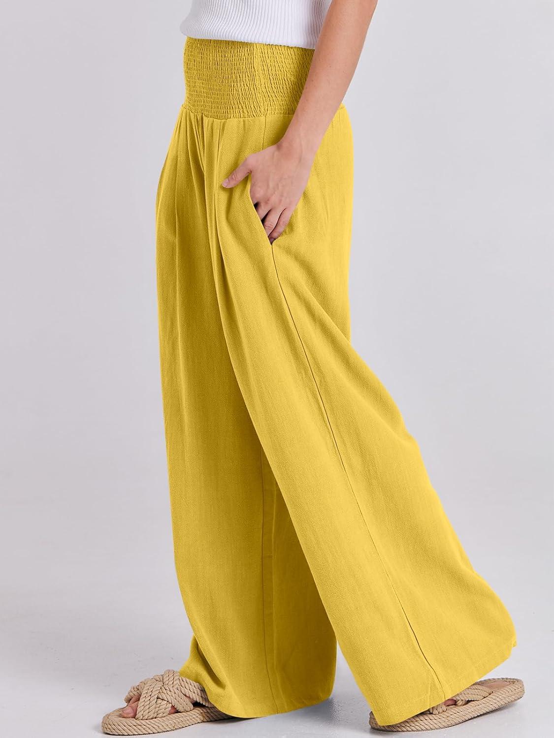 imageANRABESS Women Linen Palazzo Pants Summer Boho Wide Leg High Waist Casual Lounge Pant 2025 Beach Travel Vacation OutfitsYellow