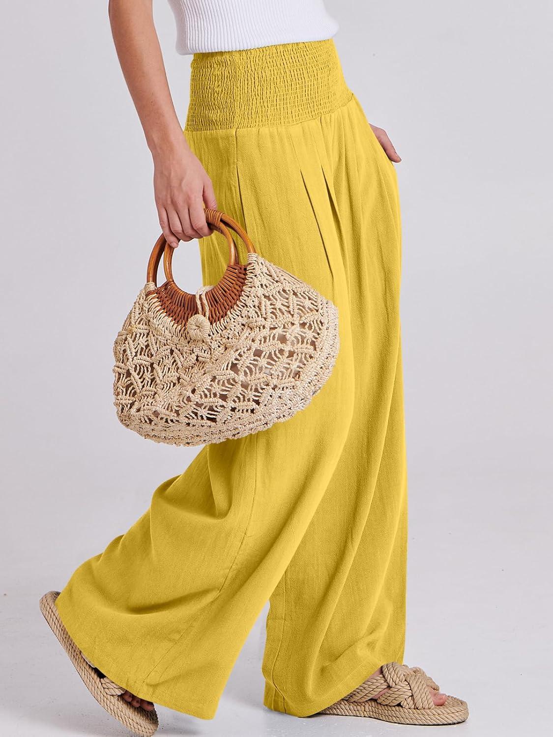 imageANRABESS Women Linen Palazzo Pants Summer Boho Wide Leg High Waist Casual Lounge Pant 2025 Beach Travel Vacation OutfitsYellow
