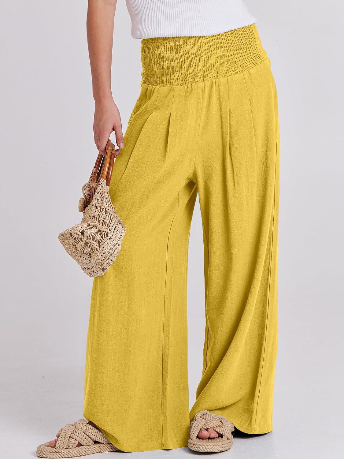 imageANRABESS Women Linen Palazzo Pants Summer Boho Wide Leg High Waist Casual Lounge Pant 2025 Beach Travel Vacation OutfitsYellow
