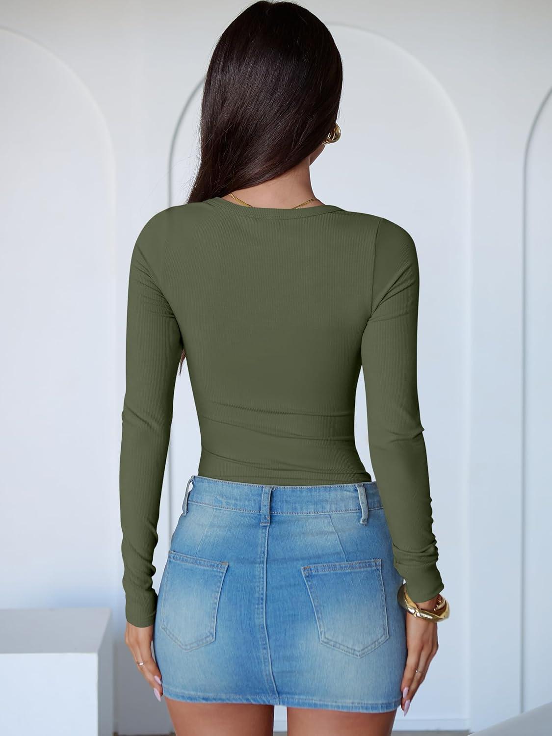 imageANRABESS Women Long Sleeve Crew Neck Bodysuits Top 2025 Fall Slim Fit Ribbed Knit Soft Basic Tee ShirtsArmy Green