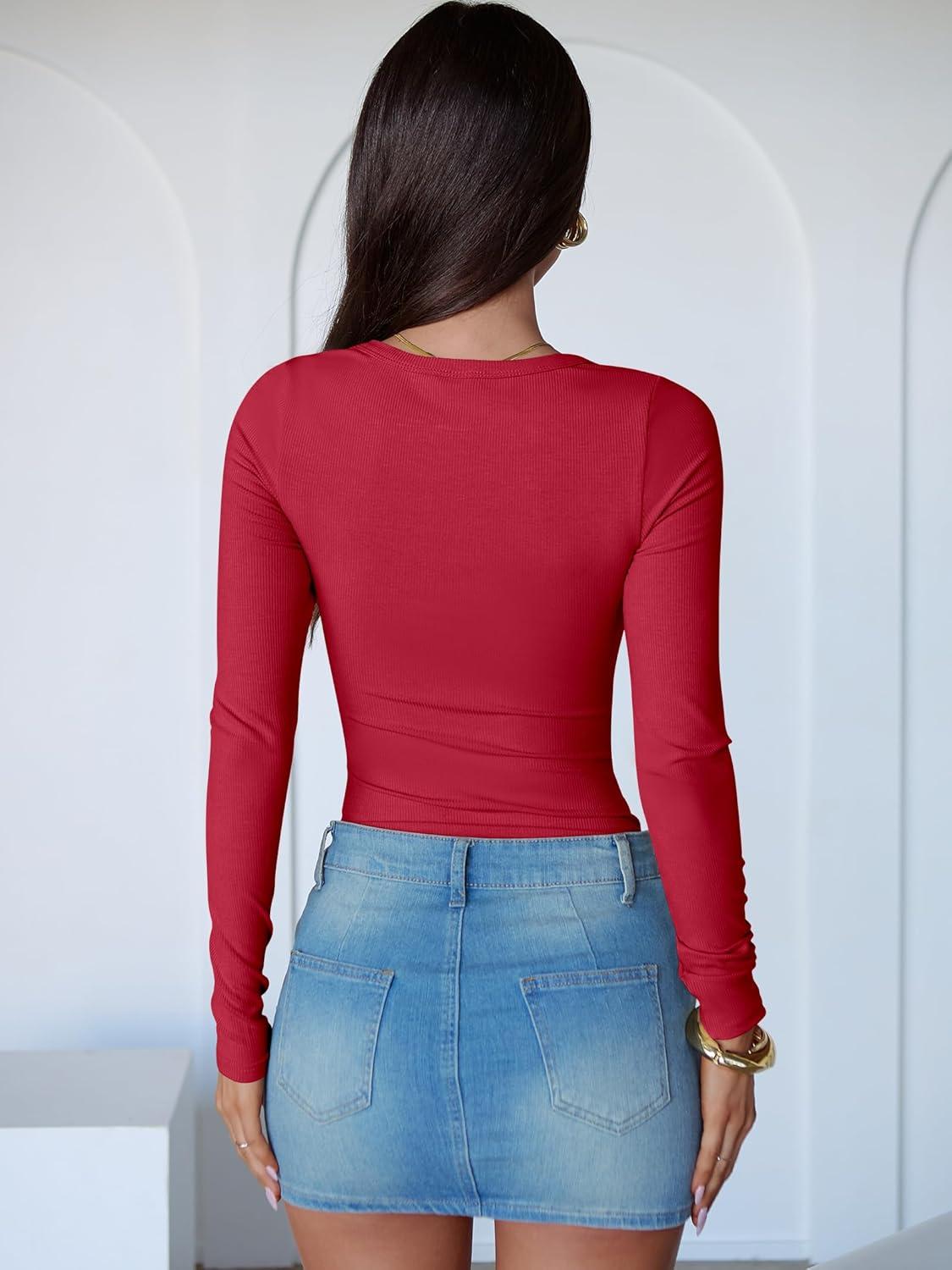 imageANRABESS Women Long Sleeve Crew Neck Bodysuits Top 2025 Fall Slim Fit Ribbed Knit Soft Basic Tee ShirtsBright Red