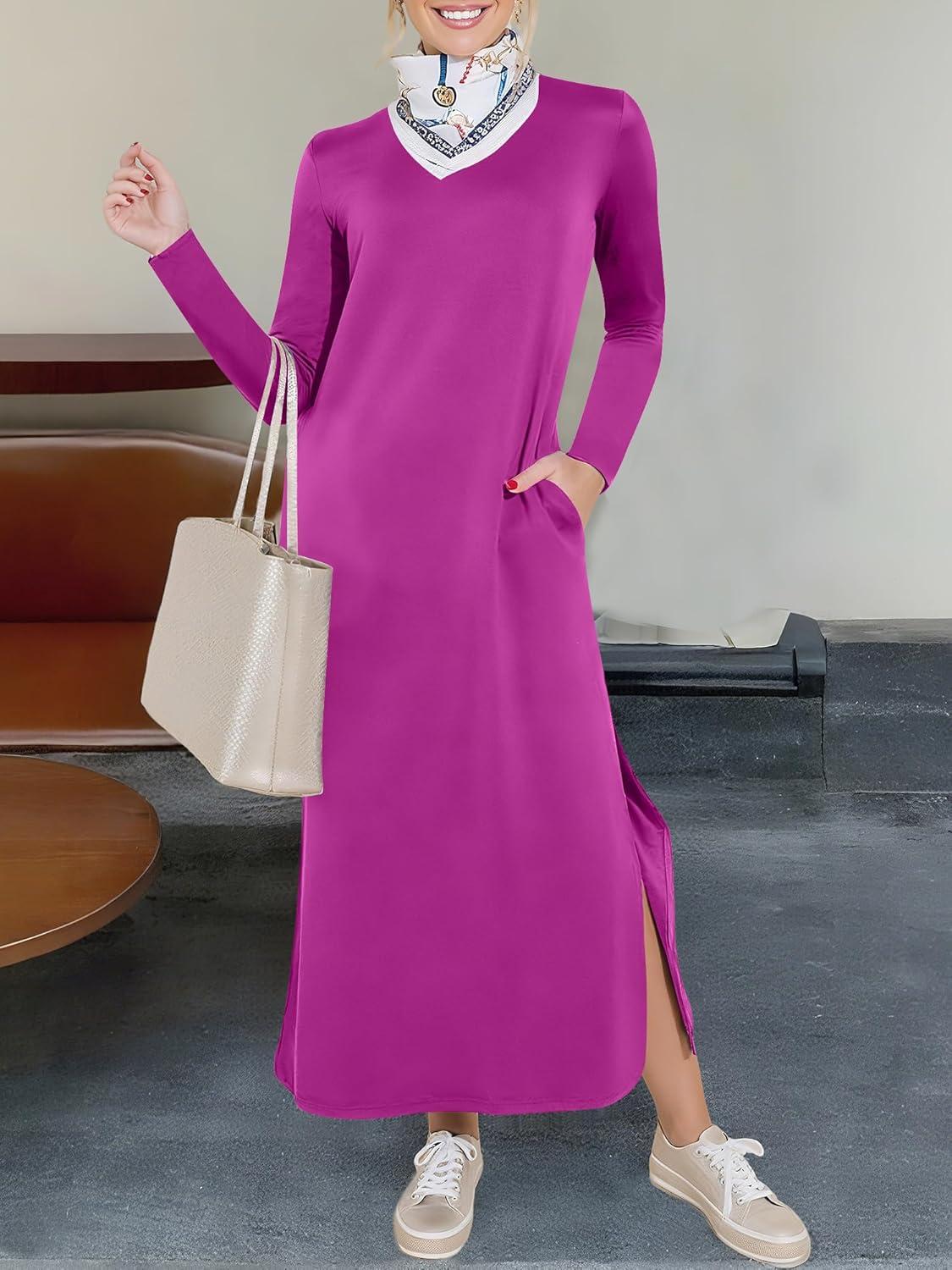 imageANRABESS Women Long Sleeve Dresses 2025 Fall Casual Crewneck Loose Fit Split Flowy WrinkleFree Travel Vacation Maxi DressPurple Red