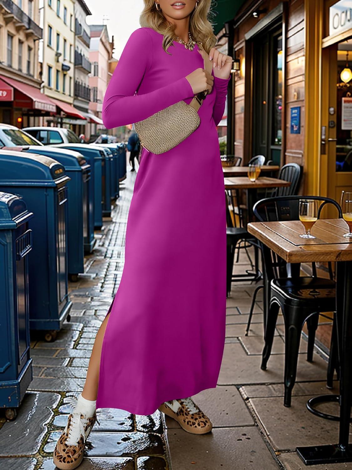 imageANRABESS Women Long Sleeve Dresses 2025 Fall Casual Crewneck Loose Fit Split Flowy WrinkleFree Travel Vacation Maxi DressPurple Red