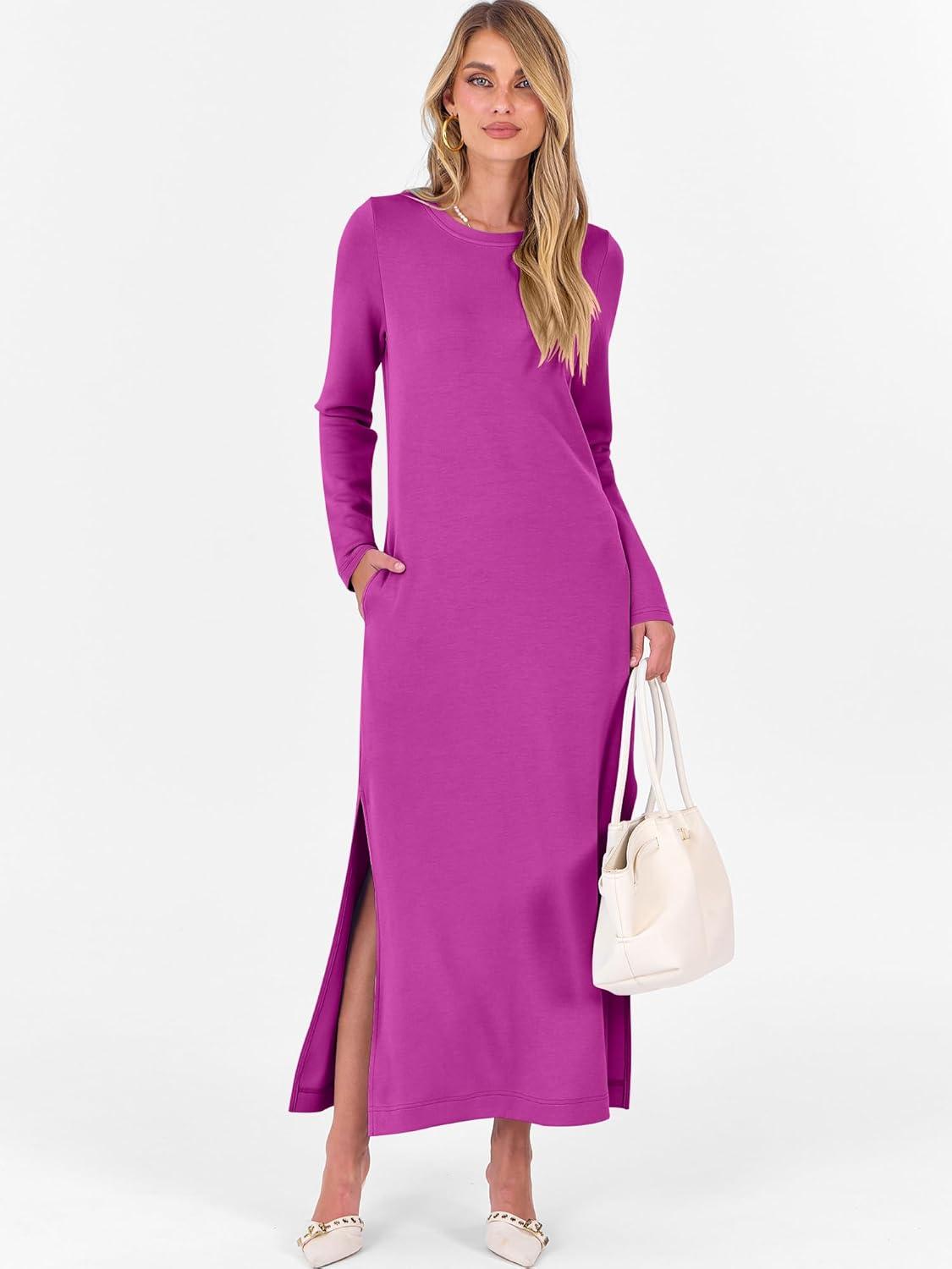 imageANRABESS Women Long Sleeve Dresses 2025 Fall Casual Crewneck Loose Fit Split Flowy WrinkleFree Travel Vacation Maxi DressPurple Red