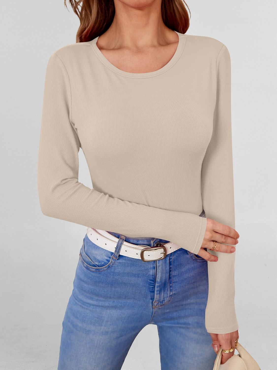 imageANRABESS Women Long Sleeve Shirts Builtin Bra Crewneck Rib Knit Slim Fit Basic Tee Tops 2025 Fall Casual TShirt Base LayerBeige