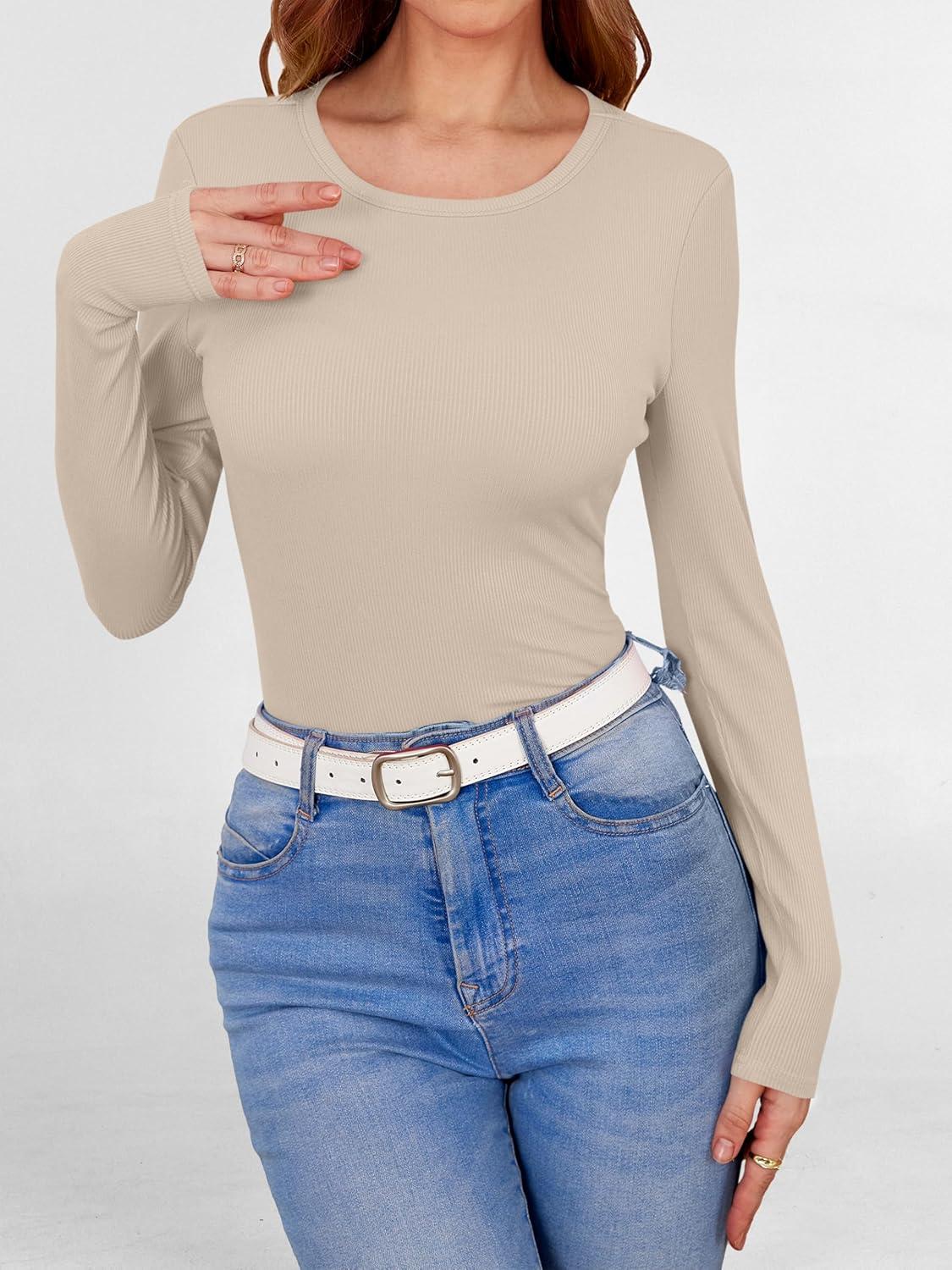 imageANRABESS Women Long Sleeve Shirts Builtin Bra Crewneck Rib Knit Slim Fit Basic Tee Tops 2025 Fall Casual TShirt Base LayerBeige
