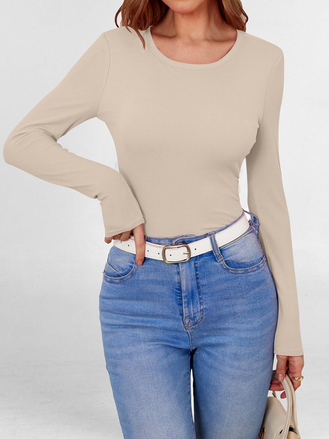 imageANRABESS Women Long Sleeve Shirts Builtin Bra Crewneck Rib Knit Slim Fit Basic Tee Tops 2025 Fall Casual TShirt Base LayerBeige