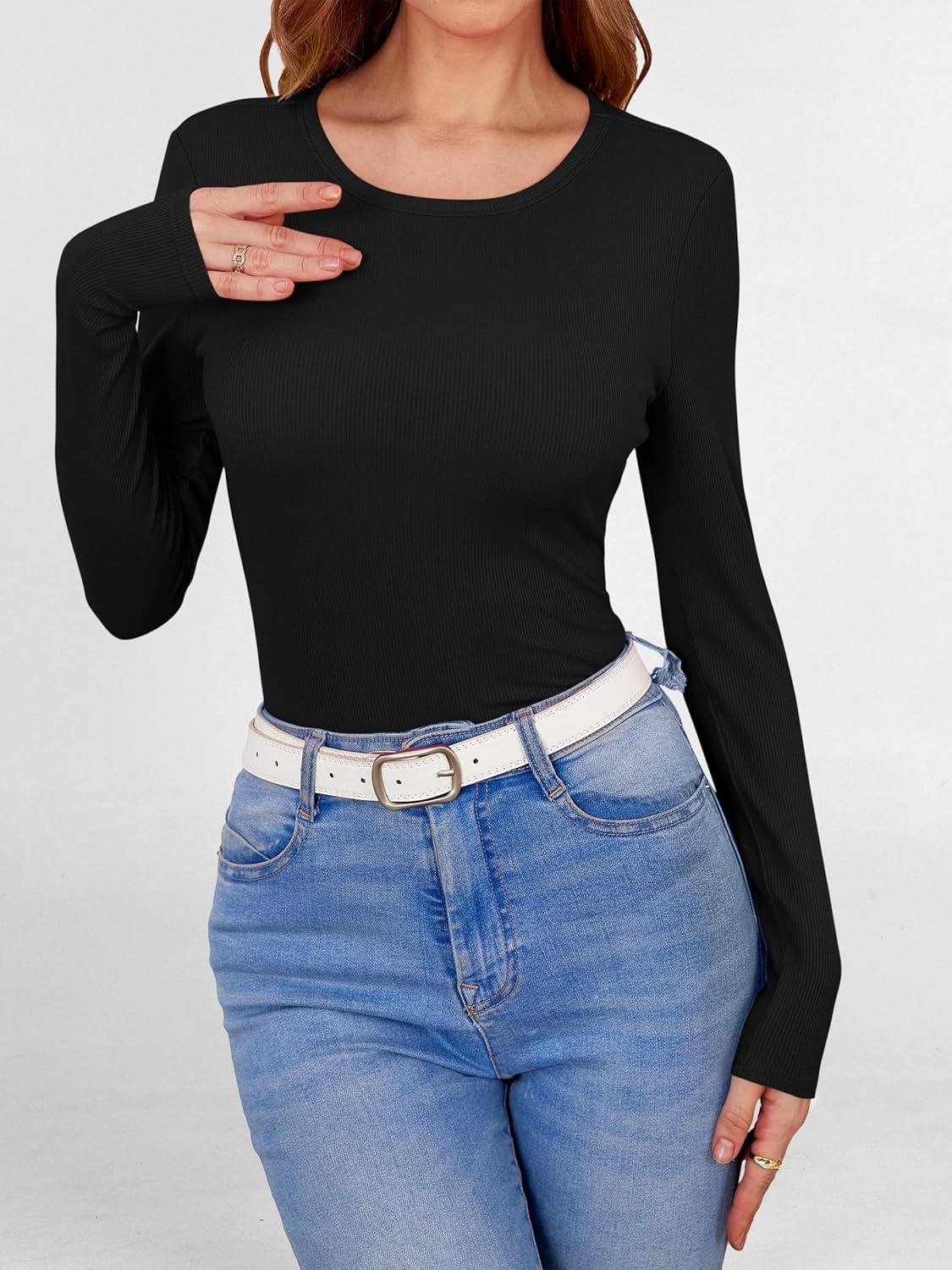 imageANRABESS Women Long Sleeve Shirts Builtin Bra Crewneck Rib Knit Slim Fit Basic Tee Tops 2025 Fall Casual TShirt Base LayerBlack