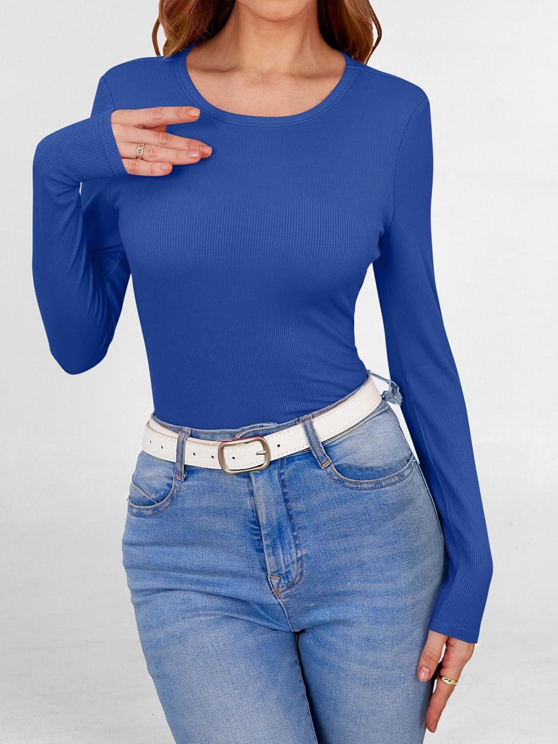 imageANRABESS Women Long Sleeve Shirts Builtin Bra Crewneck Rib Knit Slim Fit Basic Tee Tops 2025 Fall Casual TShirt Base LayerBlue