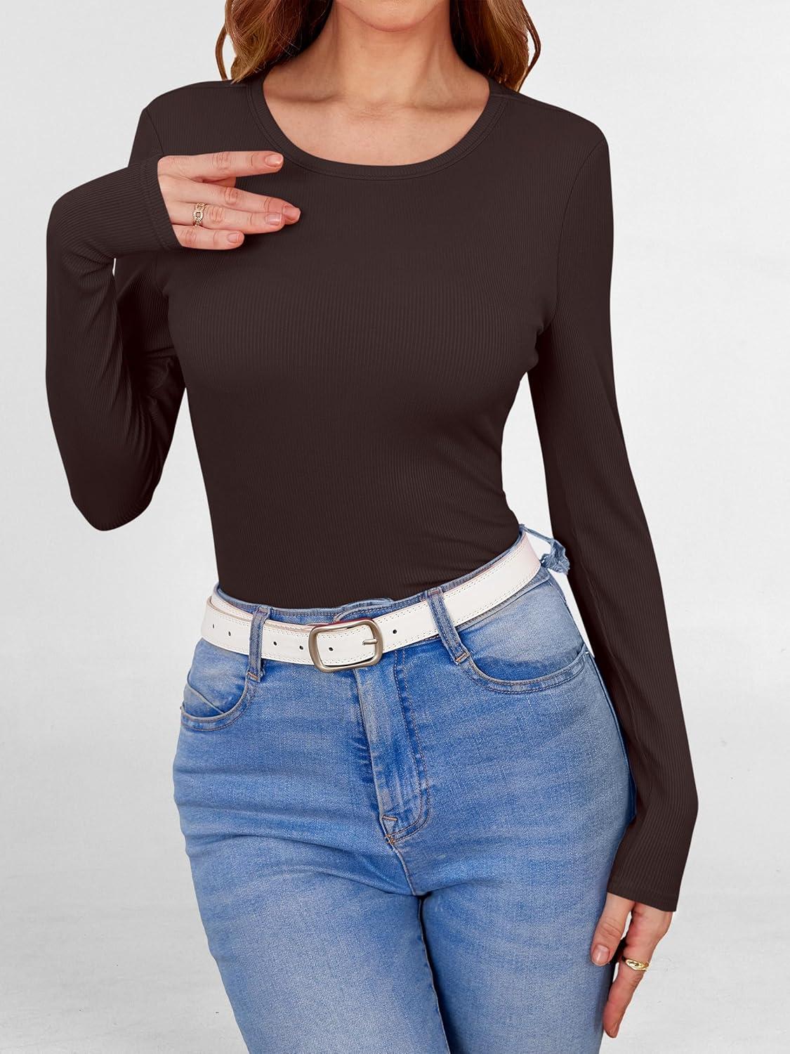 imageANRABESS Women Long Sleeve Shirts Builtin Bra Crewneck Rib Knit Slim Fit Basic Tee Tops 2025 Fall Casual TShirt Base LayerCoffee