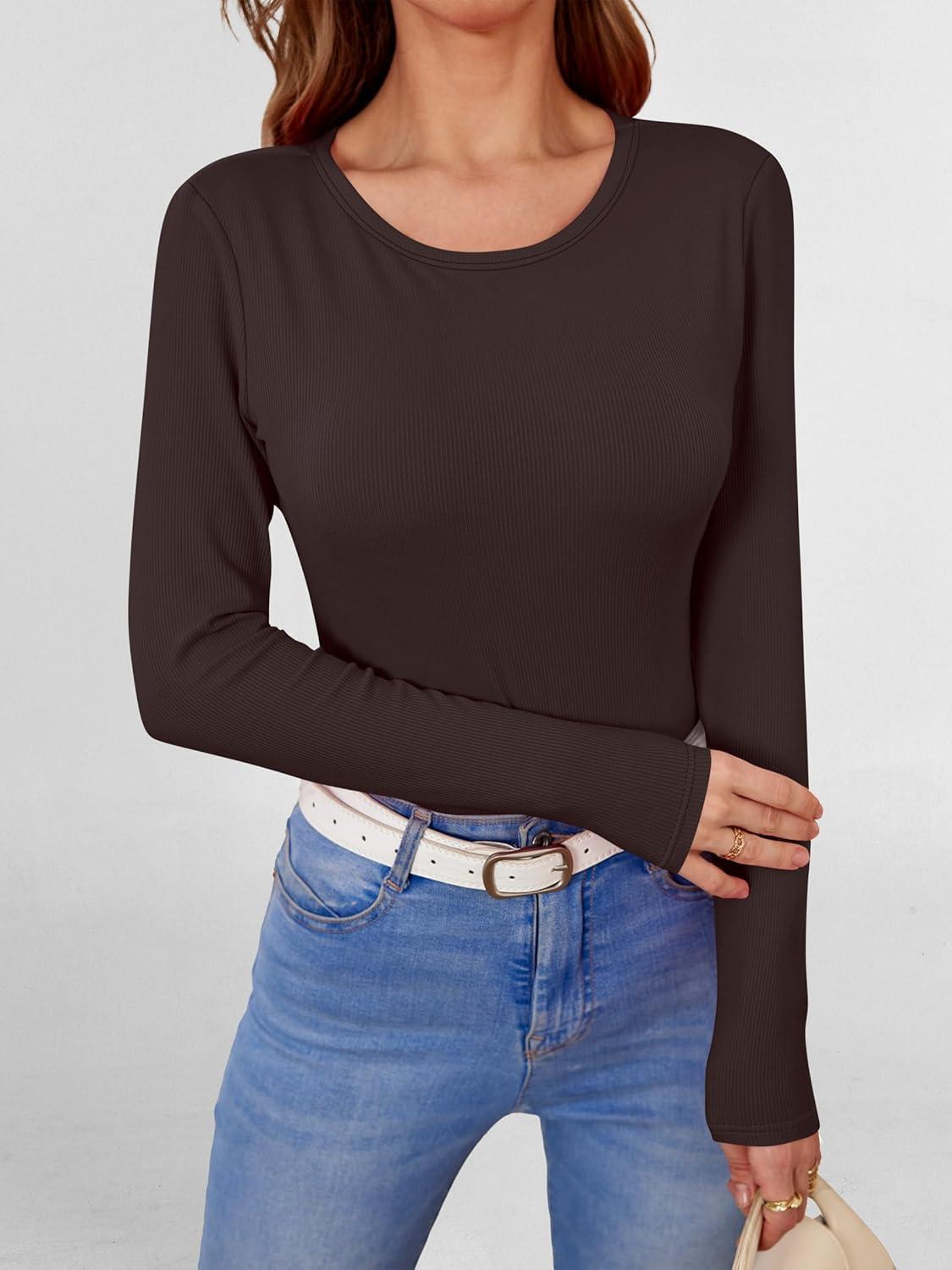 imageANRABESS Women Long Sleeve Shirts Builtin Bra Crewneck Rib Knit Slim Fit Basic Tee Tops 2025 Fall Casual TShirt Base LayerCoffee