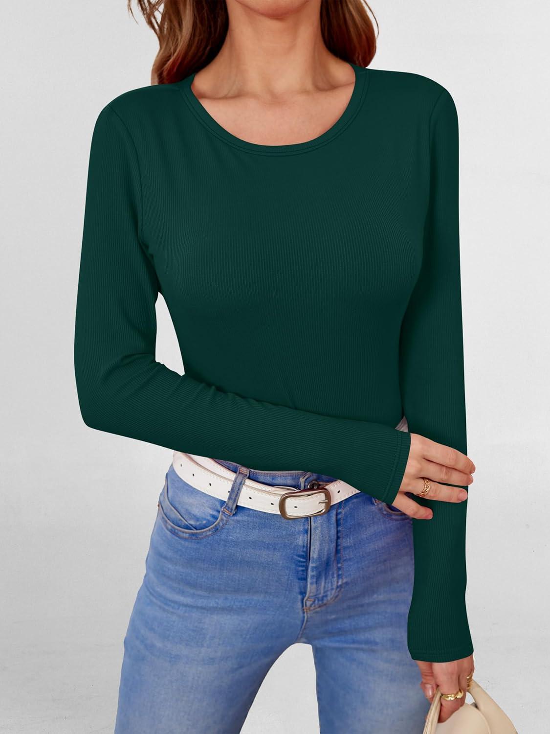imageANRABESS Women Long Sleeve Shirts Builtin Bra Crewneck Rib Knit Slim Fit Basic Tee Tops 2025 Fall Casual TShirt Base LayerDeep Green