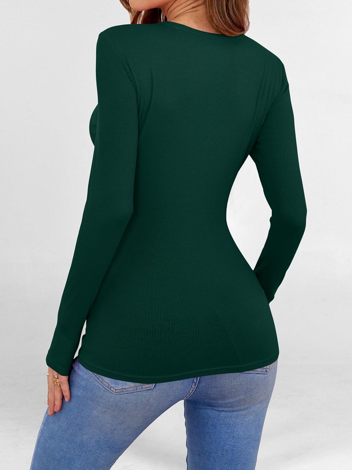 imageANRABESS Women Long Sleeve Shirts Builtin Bra Crewneck Rib Knit Slim Fit Basic Tee Tops 2025 Fall Casual TShirt Base LayerDeep Green