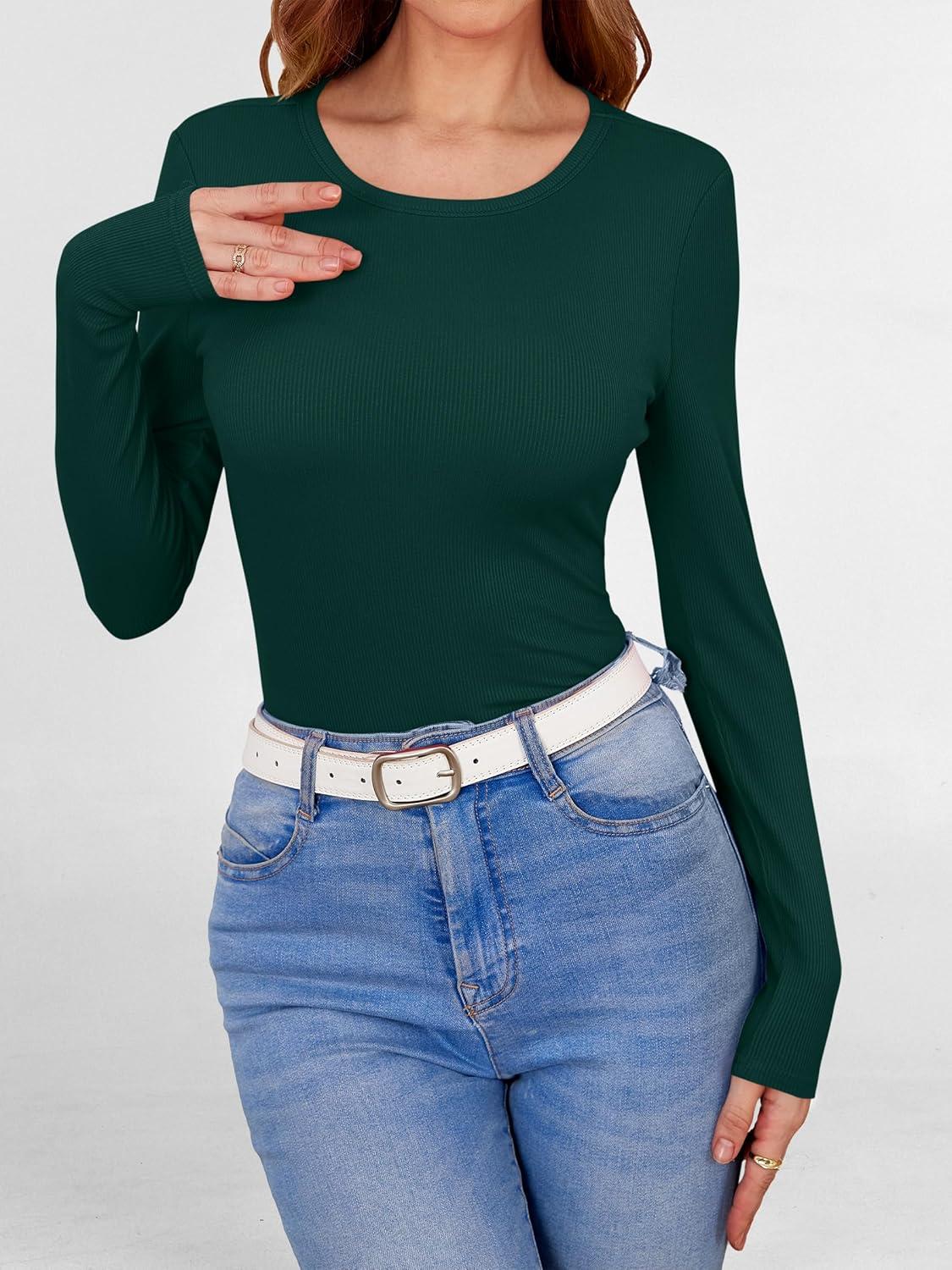 imageANRABESS Women Long Sleeve Shirts Builtin Bra Crewneck Rib Knit Slim Fit Basic Tee Tops 2025 Fall Casual TShirt Base LayerDeep Green