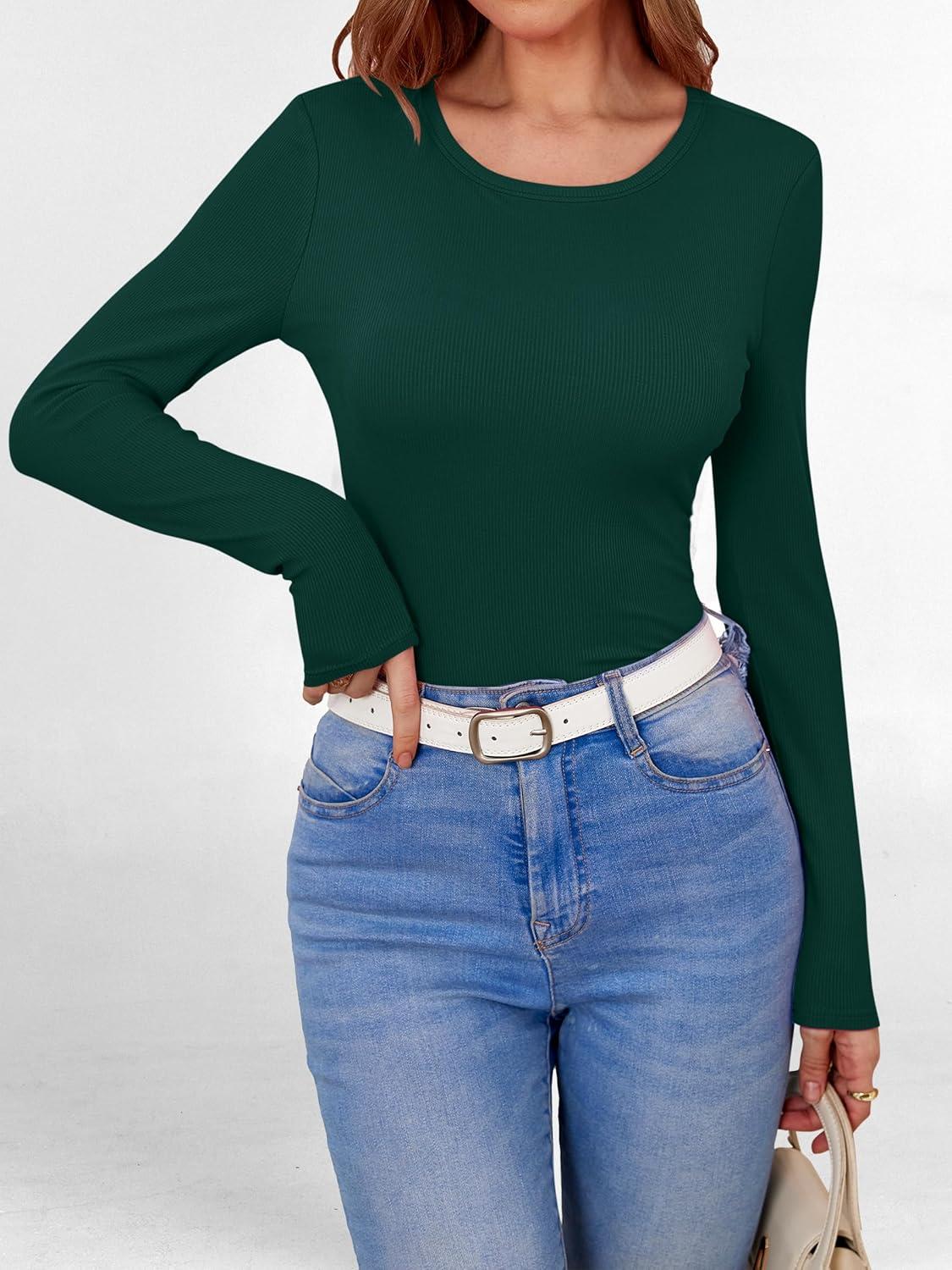 imageANRABESS Women Long Sleeve Shirts Builtin Bra Crewneck Rib Knit Slim Fit Basic Tee Tops 2025 Fall Casual TShirt Base LayerDeep Green