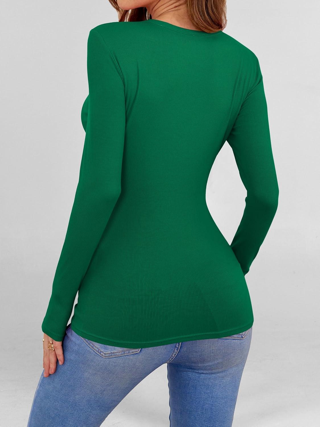 imageANRABESS Women Long Sleeve Shirts Builtin Bra Crewneck Rib Knit Slim Fit Basic Tee Tops 2025 Fall Casual TShirt Base LayerGreen