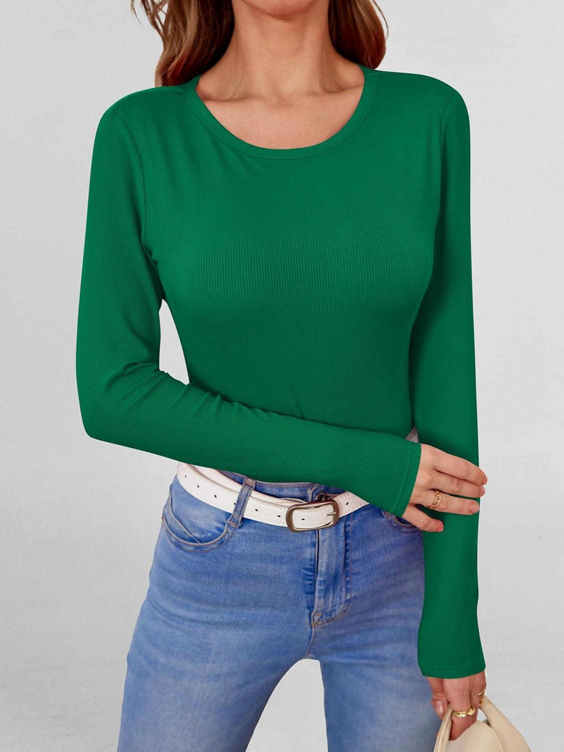 imageANRABESS Women Long Sleeve Shirts Builtin Bra Crewneck Rib Knit Slim Fit Basic Tee Tops 2025 Fall Casual TShirt Base LayerGreen