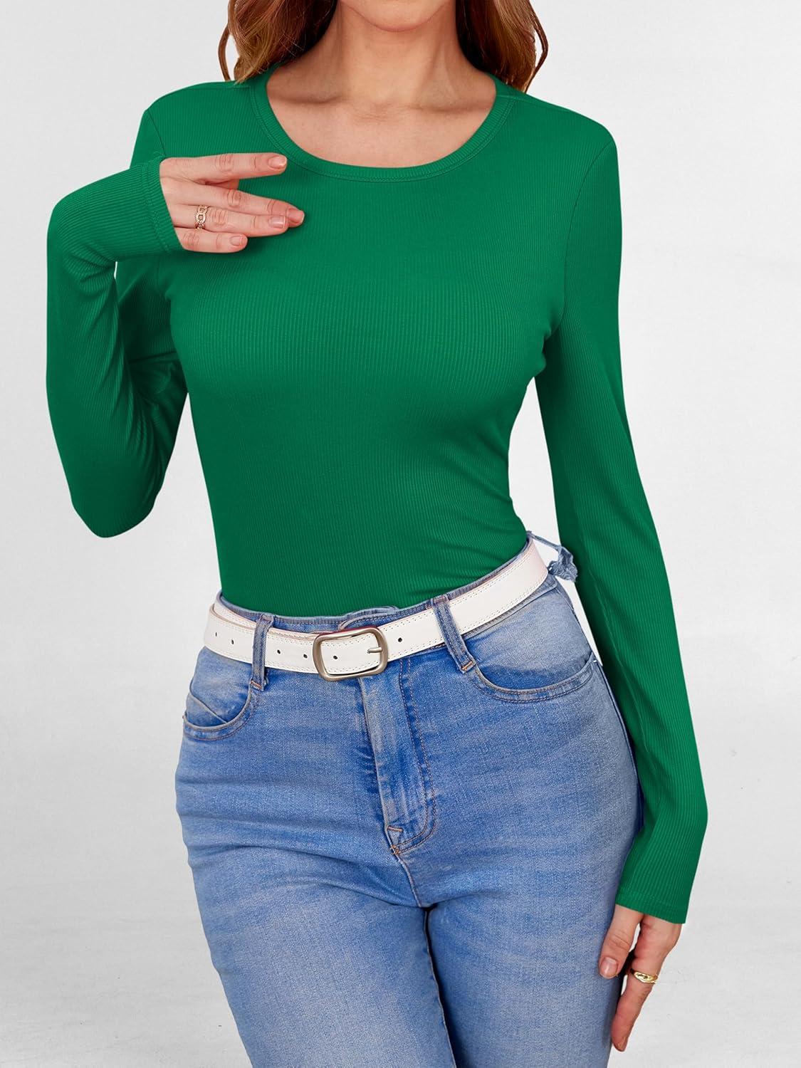 imageANRABESS Women Long Sleeve Shirts Builtin Bra Crewneck Rib Knit Slim Fit Basic Tee Tops 2025 Fall Casual TShirt Base LayerGreen