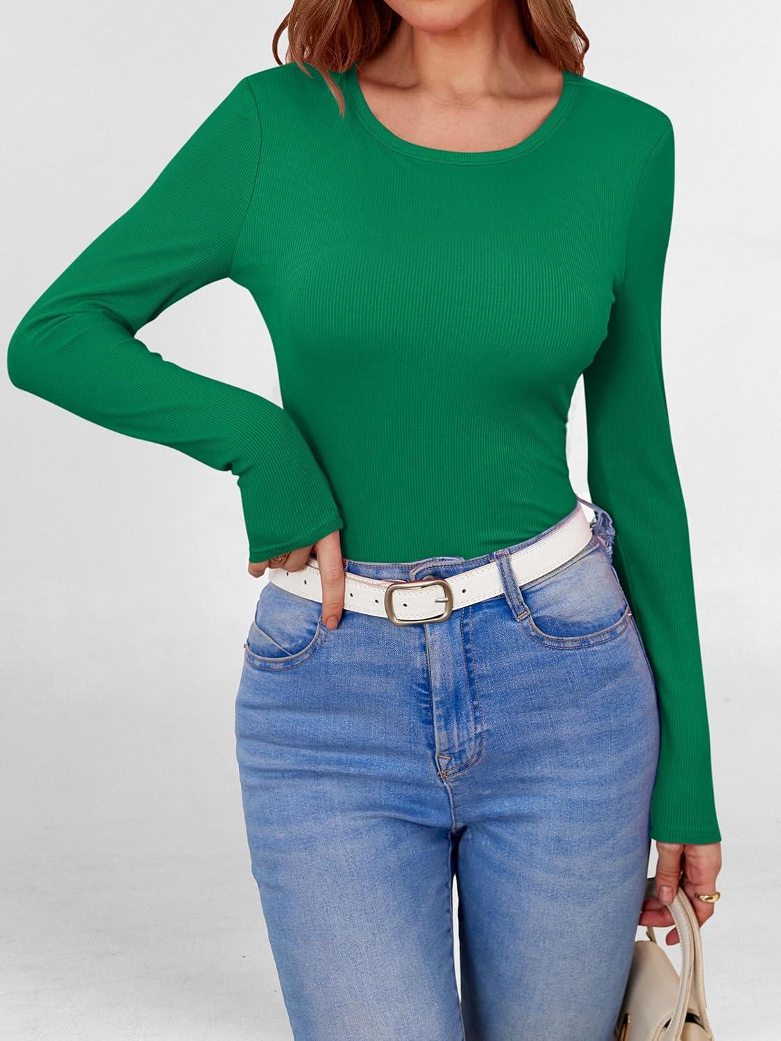 imageANRABESS Women Long Sleeve Shirts Builtin Bra Crewneck Rib Knit Slim Fit Basic Tee Tops 2025 Fall Casual TShirt Base LayerGreen