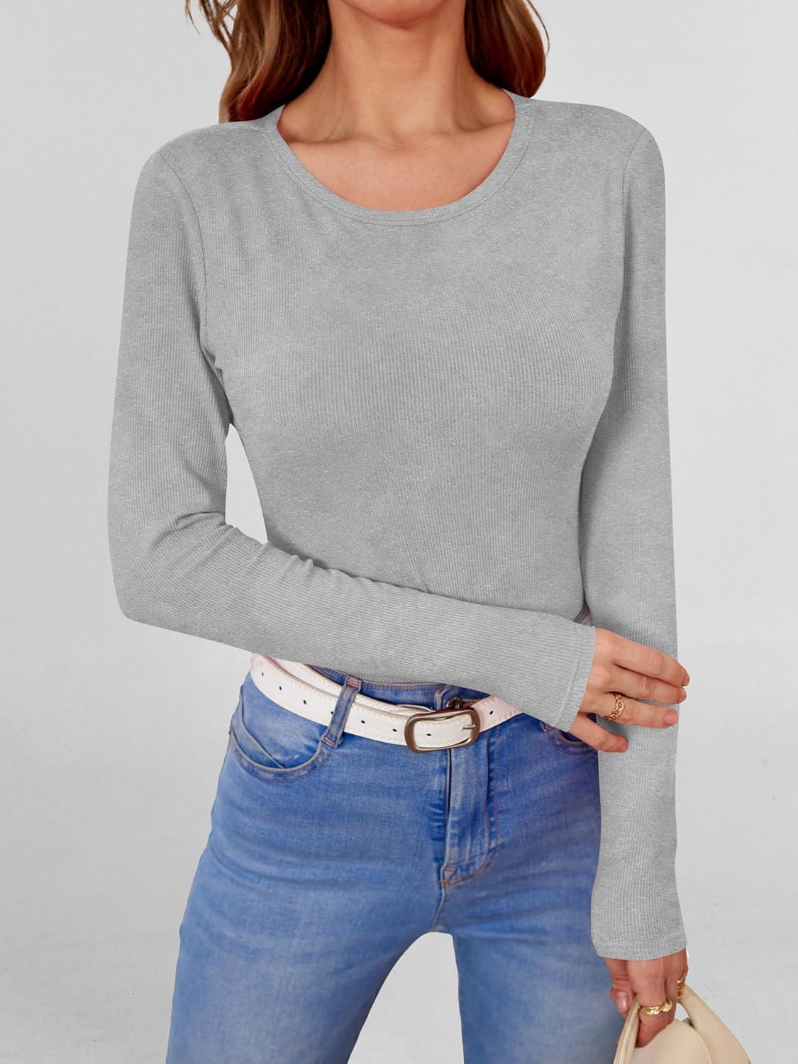 imageANRABESS Women Long Sleeve Shirts Builtin Bra Crewneck Rib Knit Slim Fit Basic Tee Tops 2025 Fall Casual TShirt Base LayerGrey